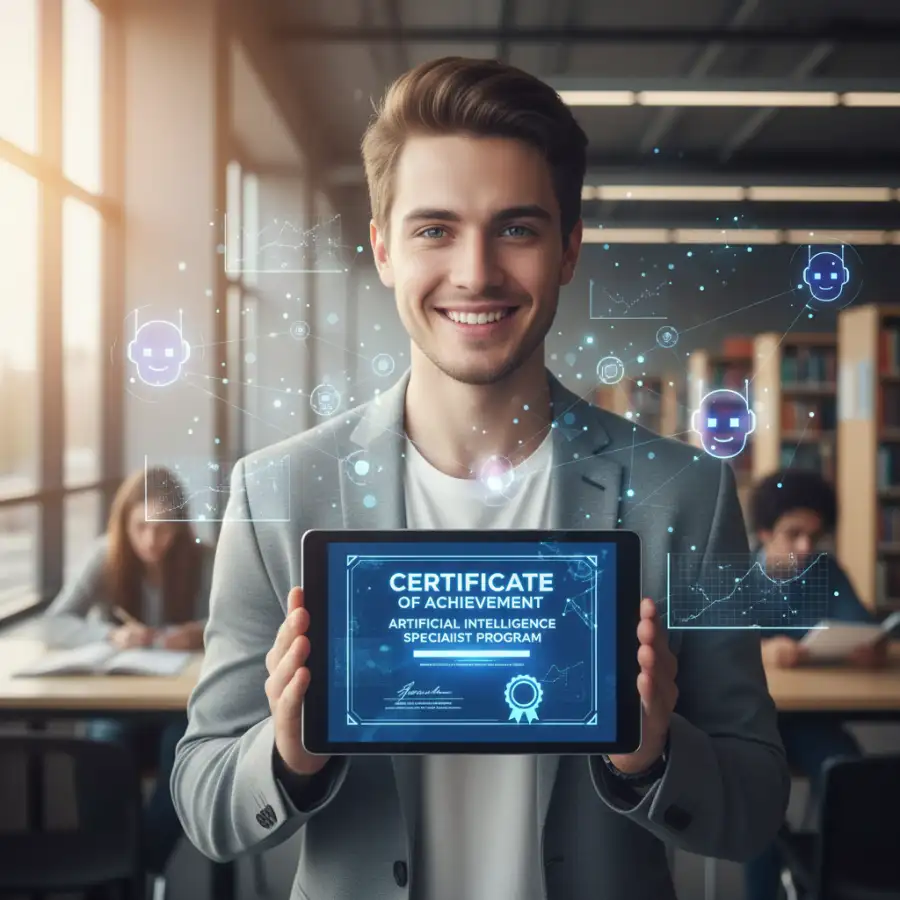 An illustration showing a person learning AI through online courses and earning university certificates.