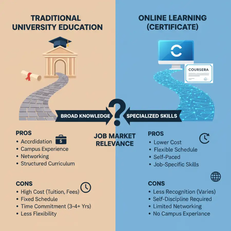A person looking at a laptop screen with Coursera certificates, symbolizing future job security