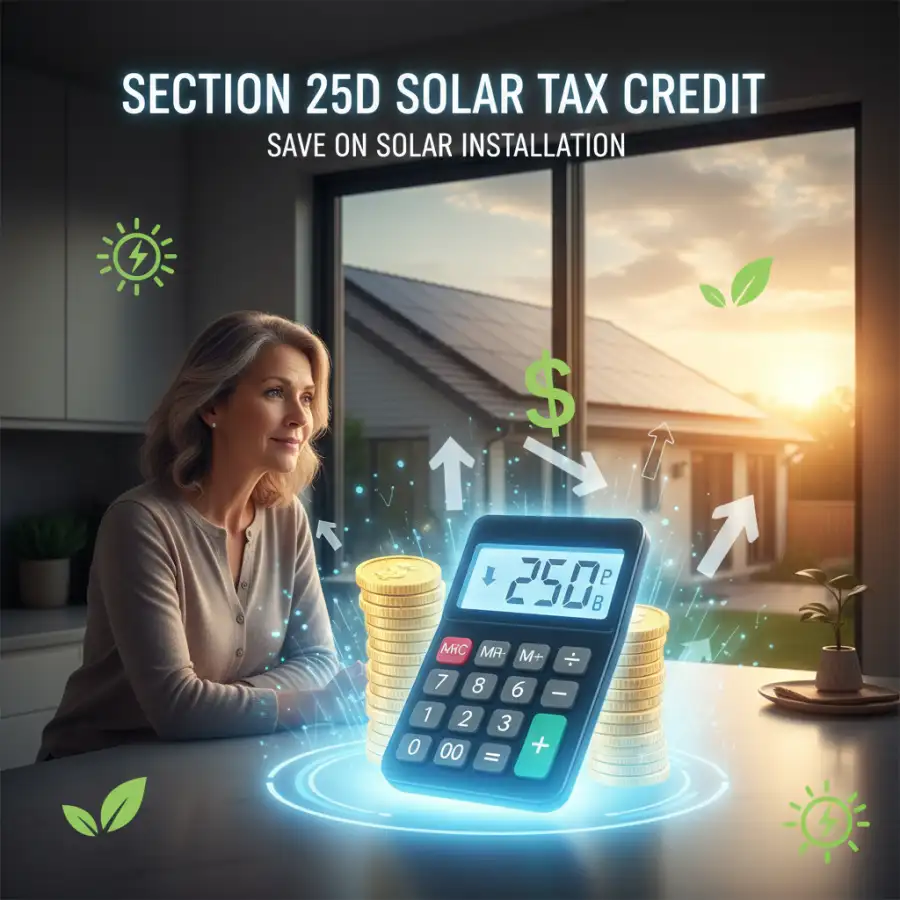 Solar panels on a rooftop, with a sunny sky in the background