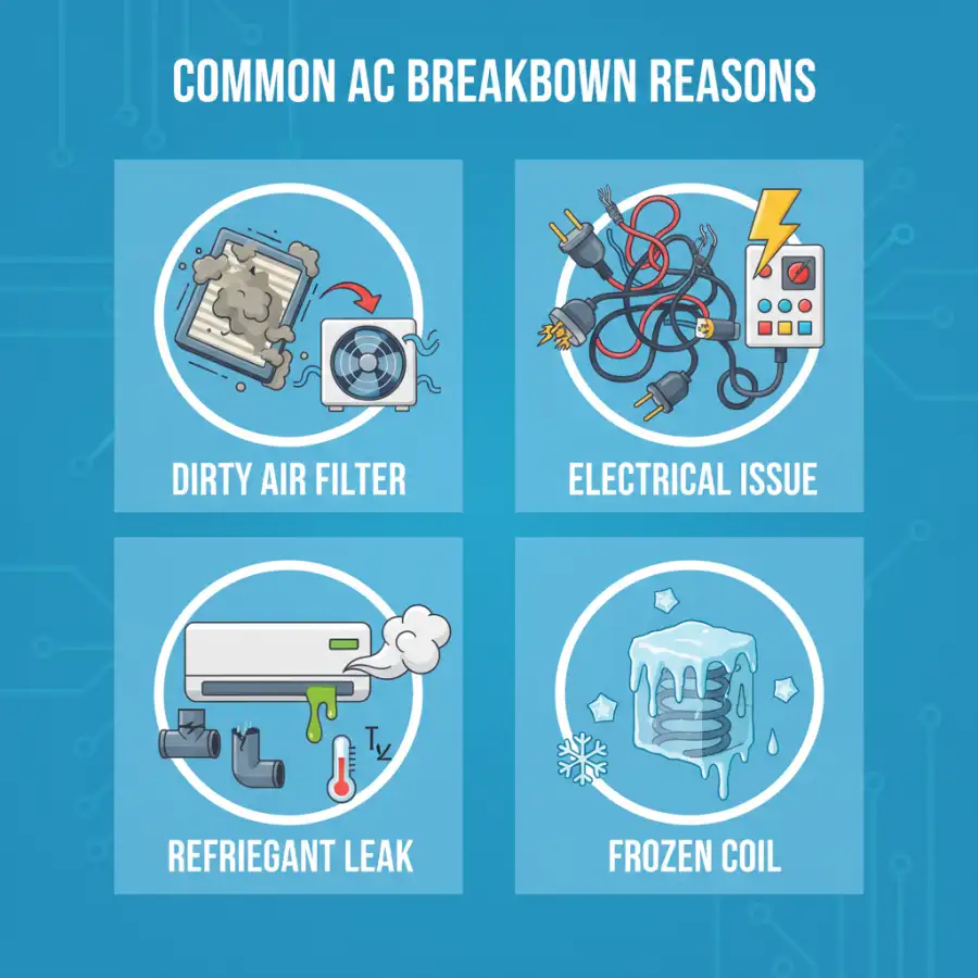 An air conditioner unit with a thermometer in front of it, indicating a high temperature.