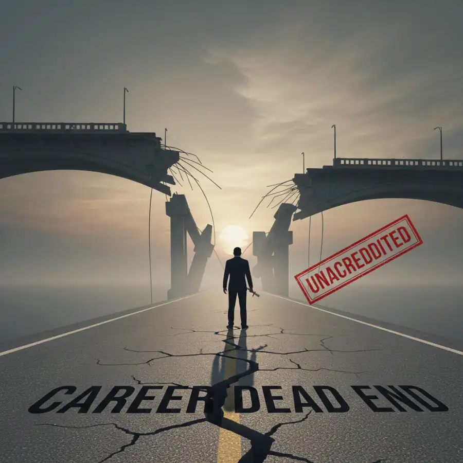 Online degree dangers: a student looking at a computer screen, with warning signs around it