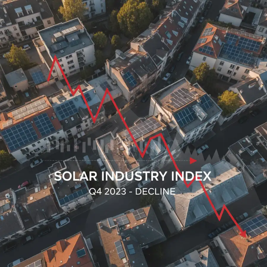 Solar panels on a roof, with a cityscape in the background, representing the rise of fintech in the solar industry.