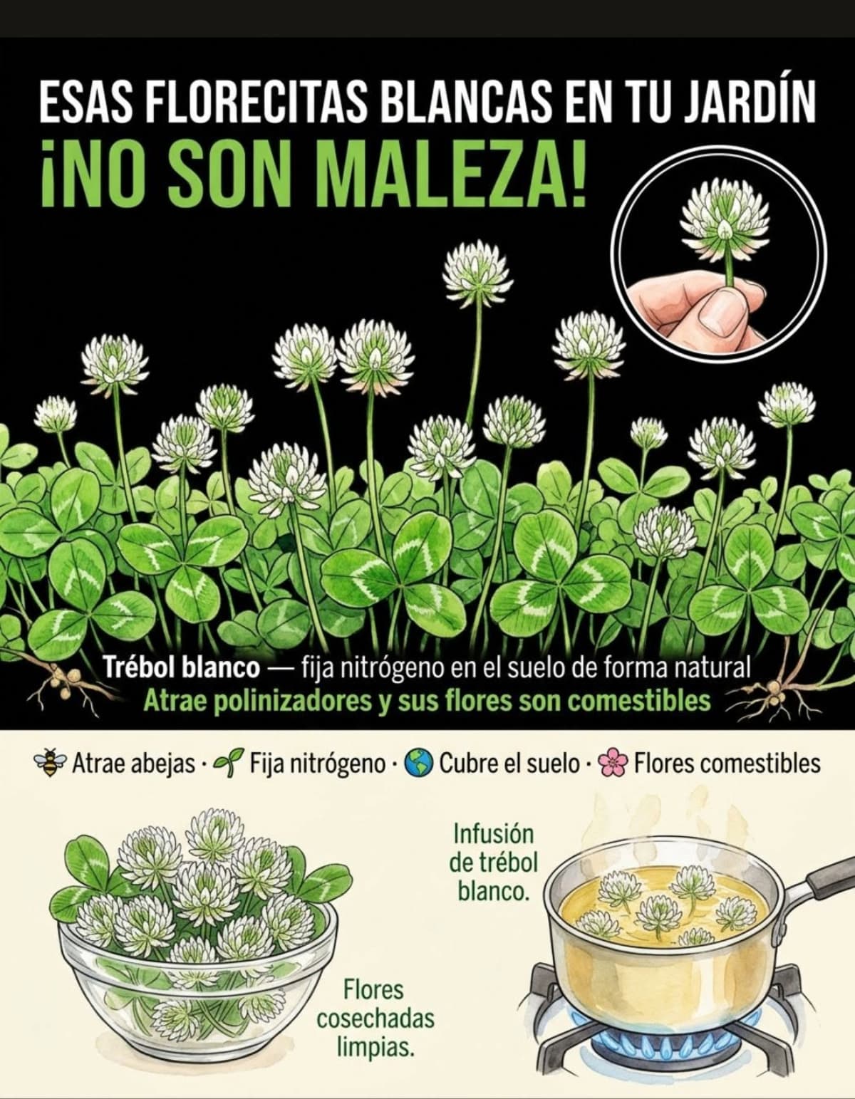 El trébol blanco que arrancas de tu jardín está fertilizando la tierra de forma gratuita