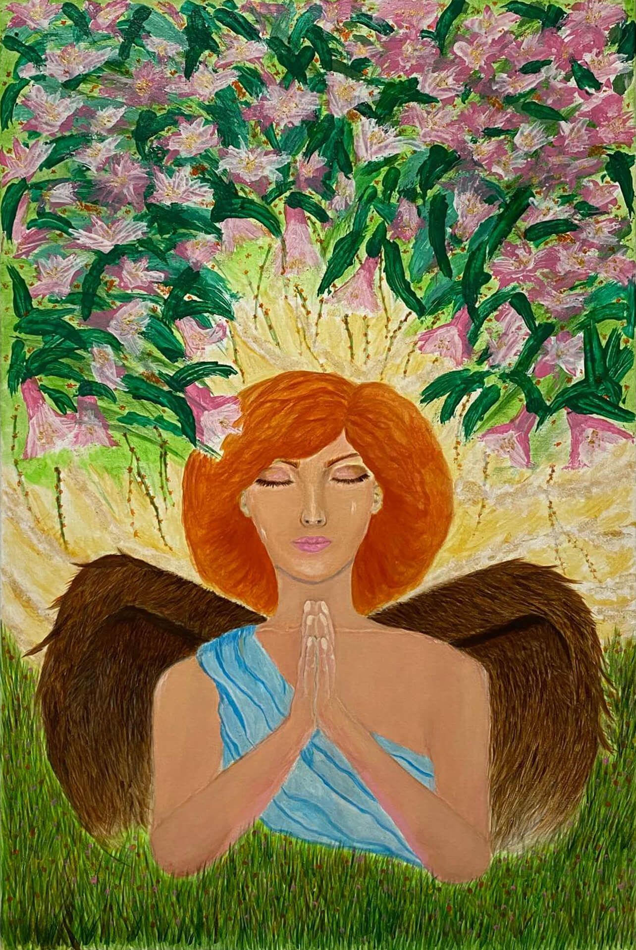 An angel with brown feathery wings and orange hair prays in a green field under a canopy of pink lilies