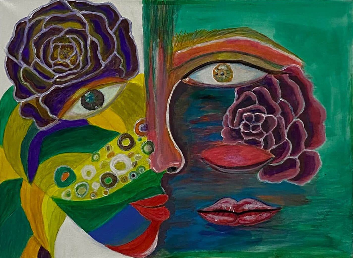 Two sides of a woman's face combines to form a single face that looks directly at you in colors of green and yellow with a purple flower on the face of the woman on the left and a red flower on the cheek of the face on the right