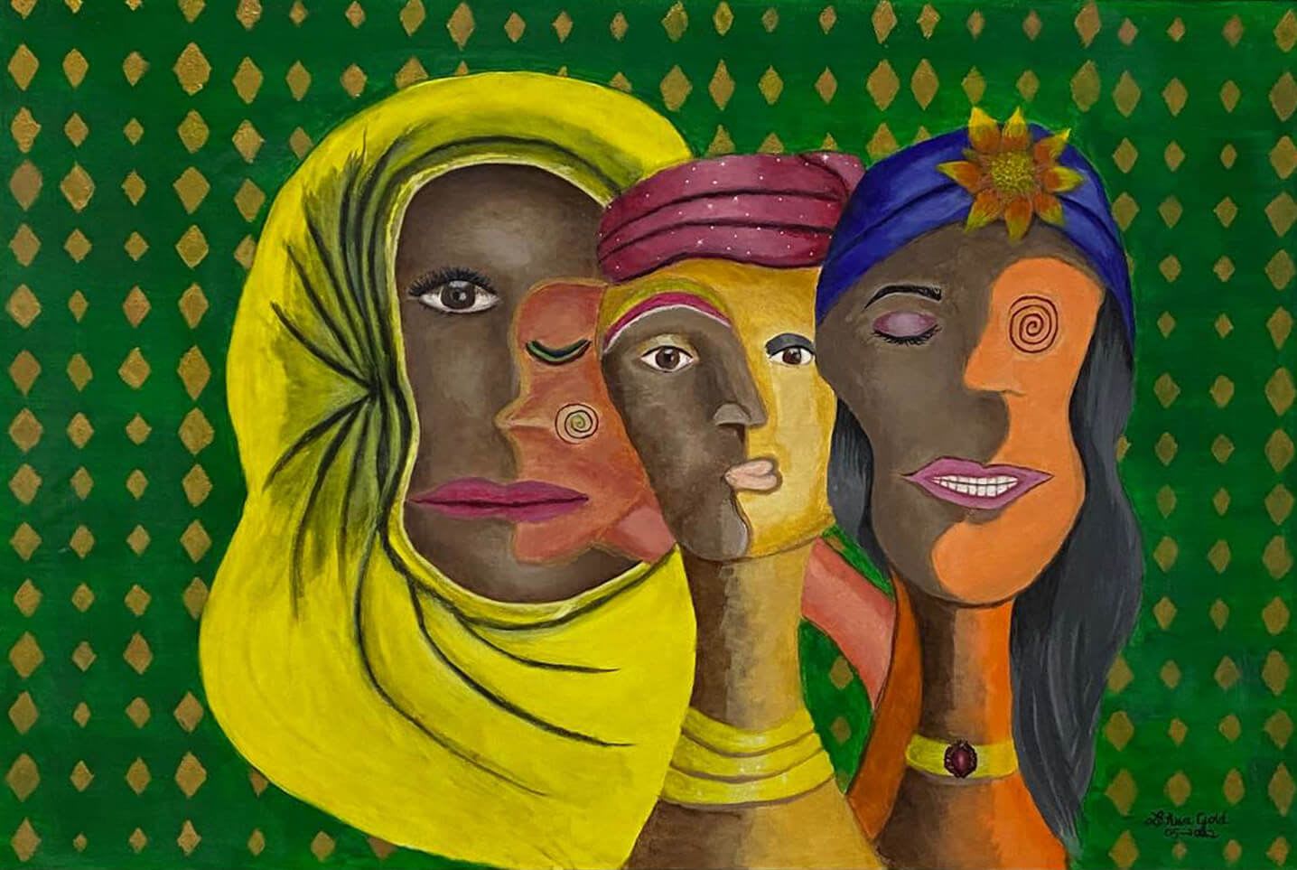 Acrylic painting of various faces of women dressed in more modern attire with one in a hajab set on a green background with columns of gold diamonds