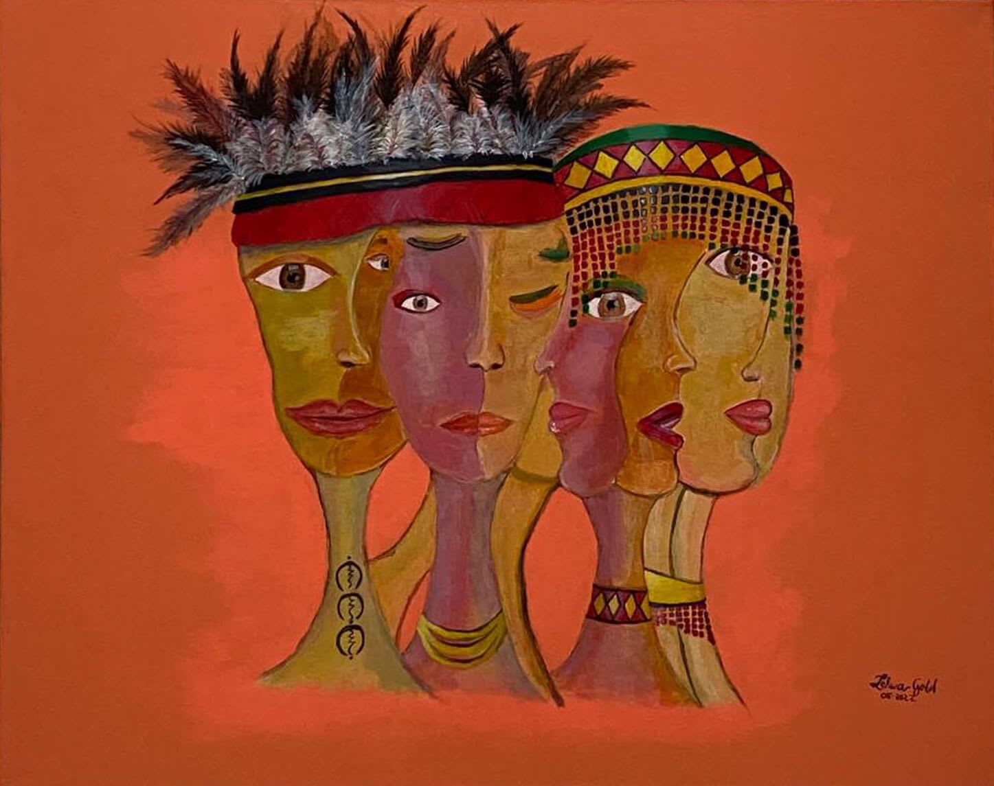 Acrylic painting of various faces of women dressed like Filipino natives set on an orange background