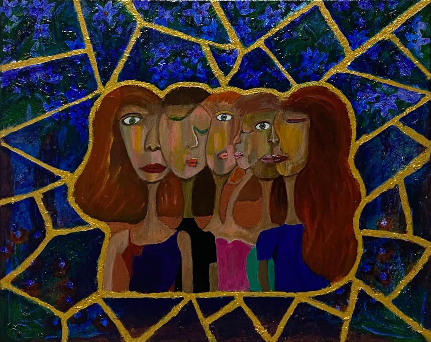 Acrylic painting of various faces of women combined to form a single shape on a blue backdrop with multiple gold lines criss-crossing in the background