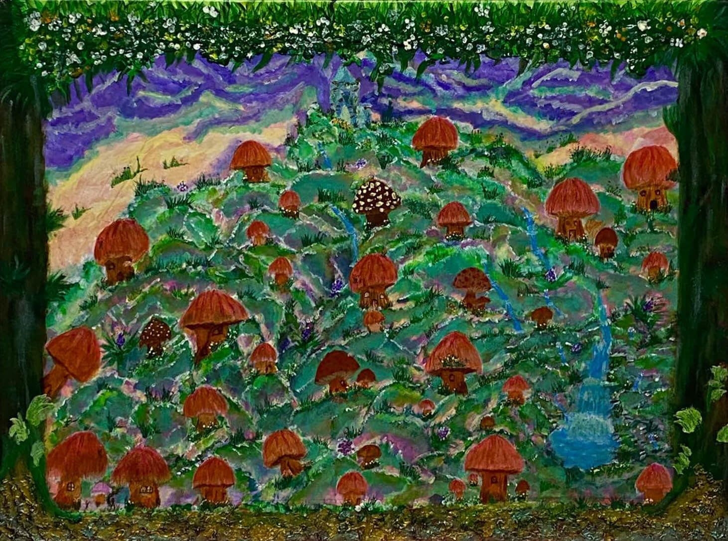 A landscape scene with various houses made of mushrooms dotting across a mountain range with the perspective of looking at it from upon a hill between two green trees under a canopy of leaves