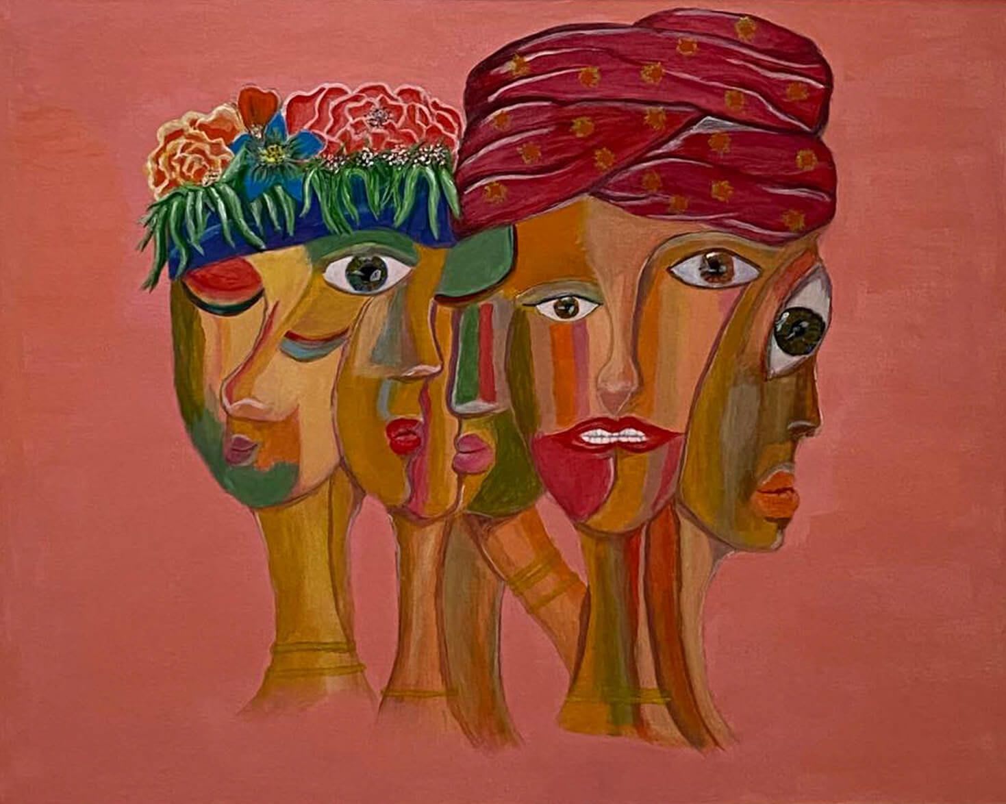 Acrylic painting of various faces of women combined to form a single shape on a pink backdrop