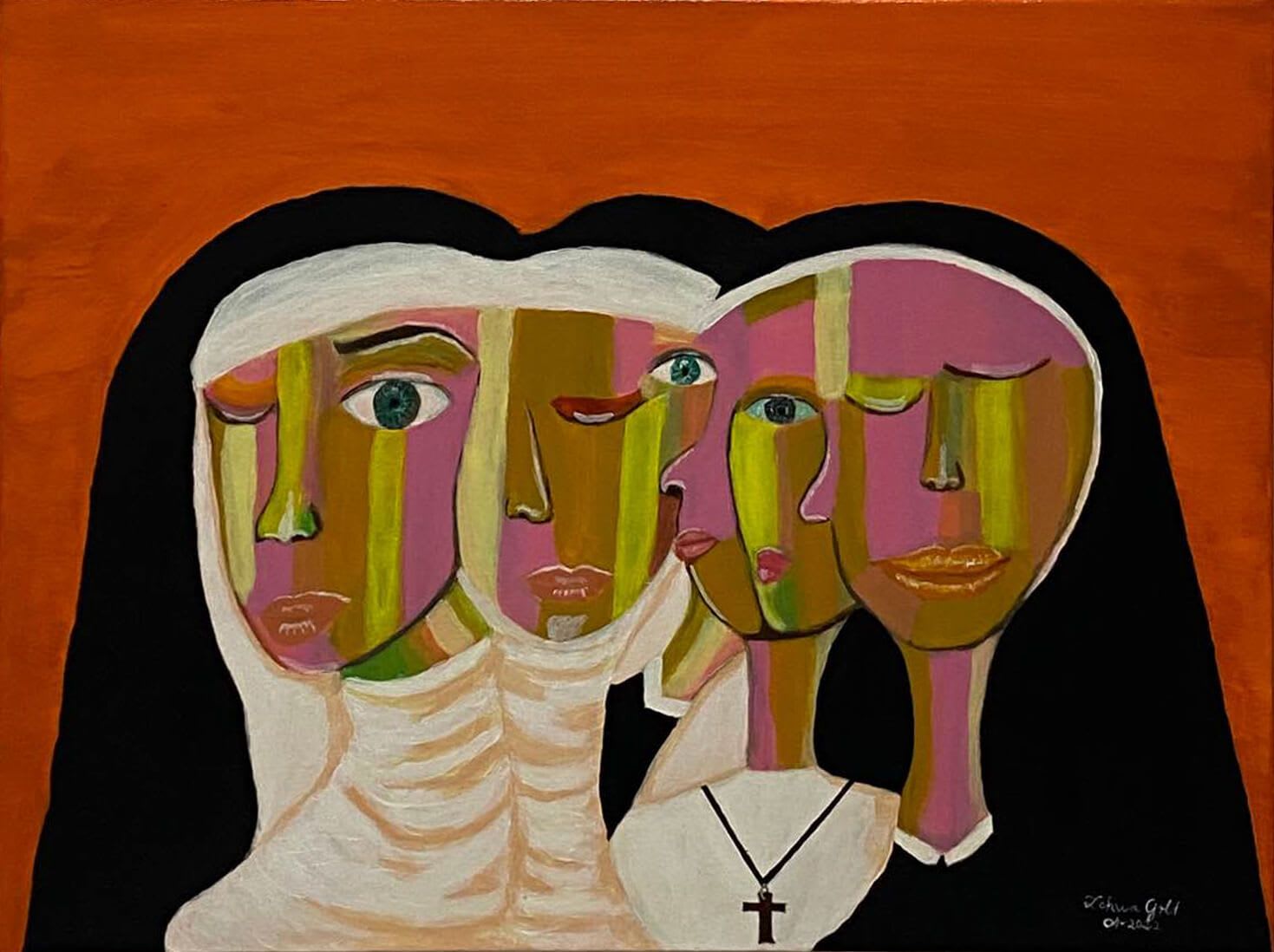 Acrylic painting of various faces of women dressed as nuns set on an orange background
