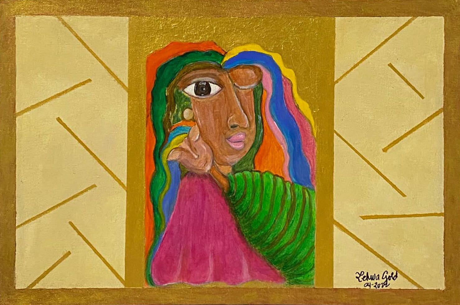 Acrylic painting of a woman with rainbow colored hair holding a child wrapped in a green shaw set on a gold and beige background with several gold lines going across the beige areas