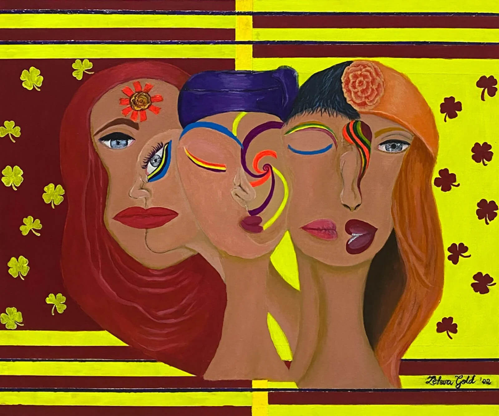 An acrylic painting of various faces of women wearing modern clothing of various cultures set on a bright red and yellow background with yellow and red lucky clovers stamped across the background
