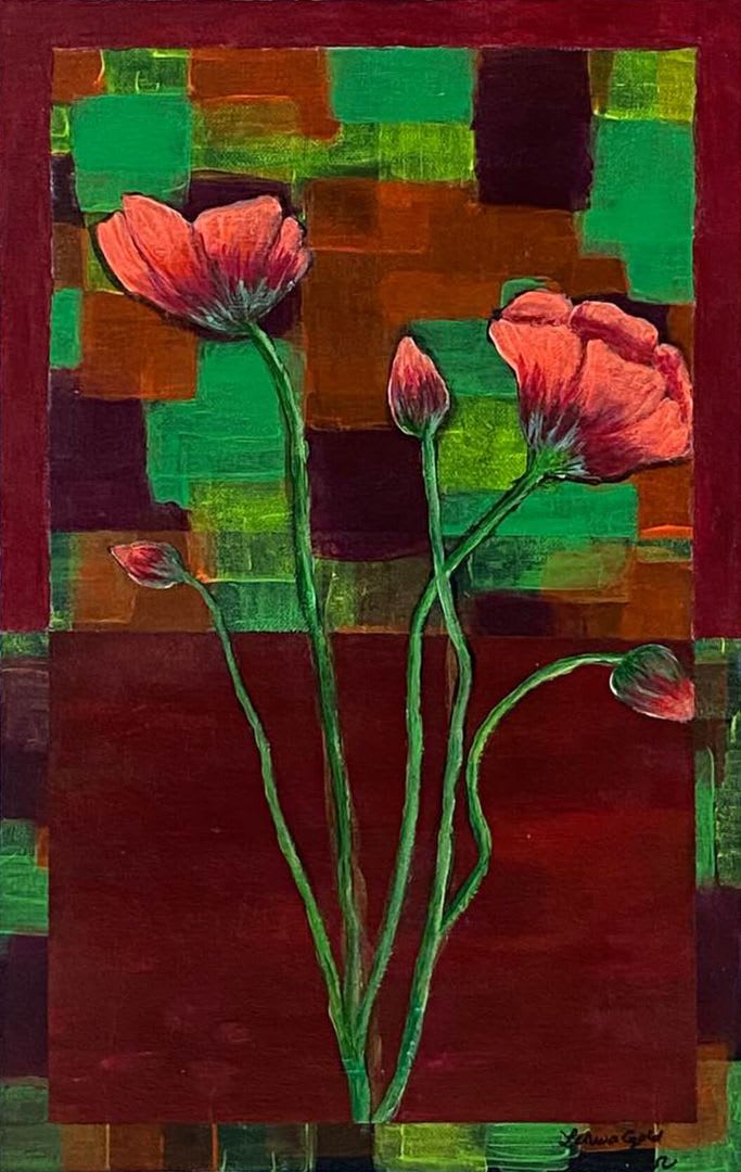 Five red flowers set on a backdrop composed of red and green blocks checkered upon one another
