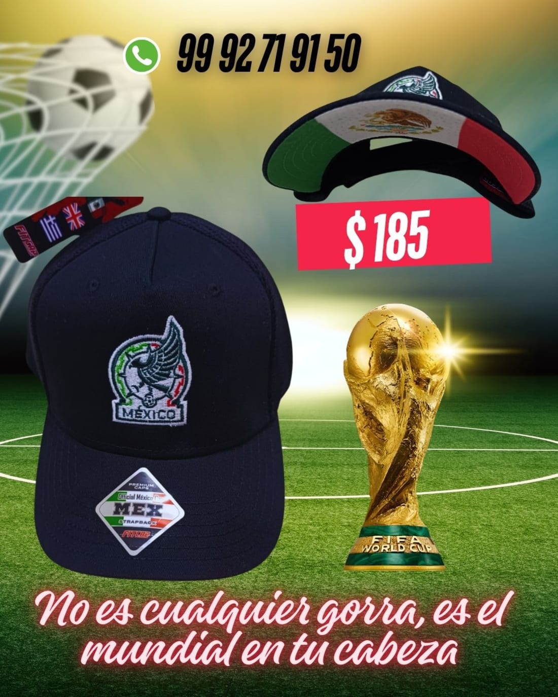 Gorras de futbol mexicano y trofeo mundial dorado. Fondo verde con balon de futbol.