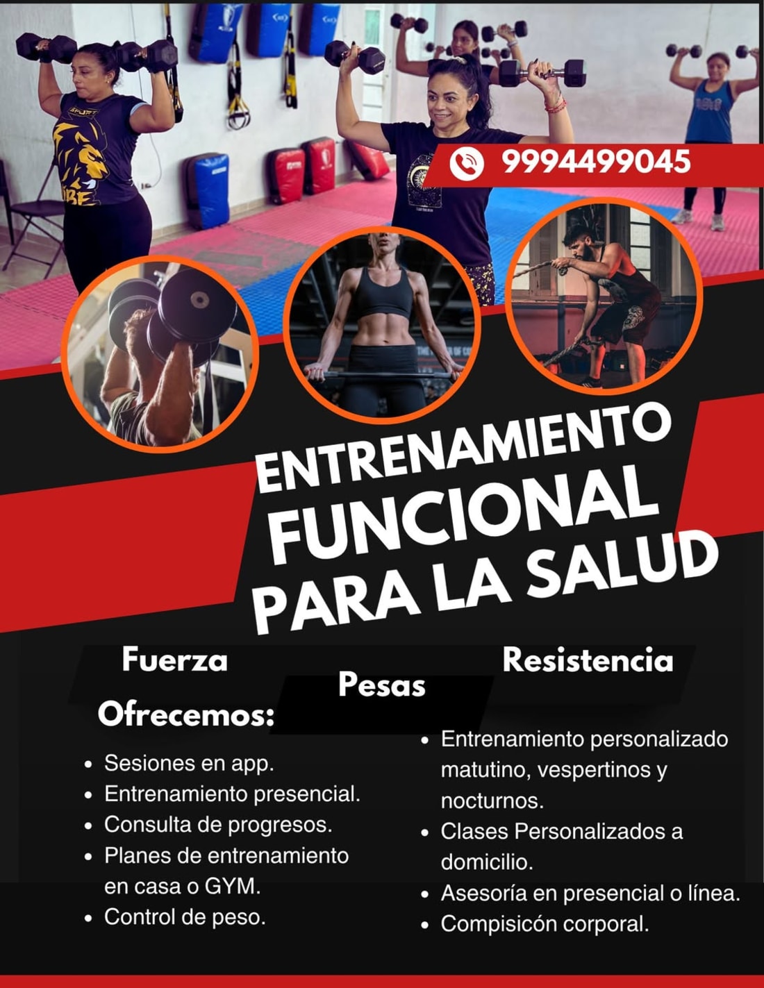 Personas entrenando con pesas en gym rojo y azul. Circulos con fotos de clientes entrenando.