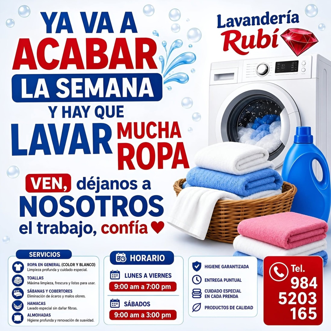 Cartel promocional de lavanderia con texto en azul y rojo, imagen de lavadora y detergente