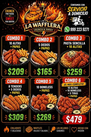 La Wafflera, Waffles, hot cakes, alitas, papas con queso, abre 5pm a 12am