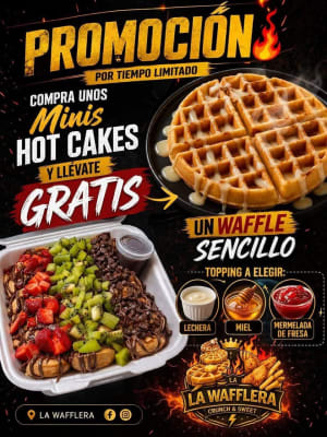 La Wafflera, Waffles, hot cakes, alitas, papas con queso, abre 5pm a 12am