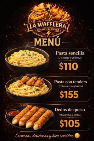 La Wafflera, Waffles, hot cakes, alitas, papas con queso, abre 5pm a 12am