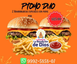 Promo familiar de 4 hamburguesas con papas y refresco - $262