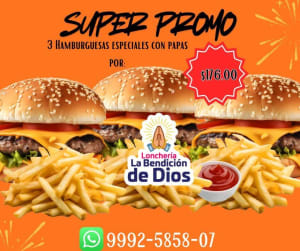 Promo familiar de 4 hamburguesas con papas y refresco - $262