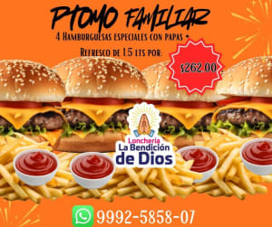 Promo familiar de 4 hamburguesas con papas y refresco - $262