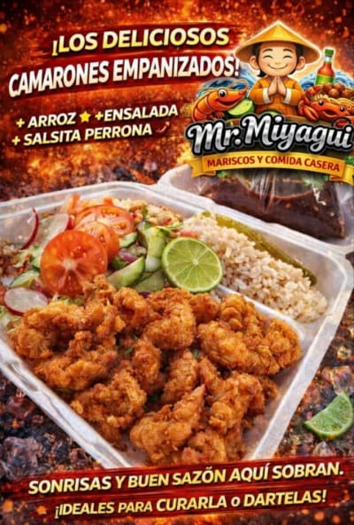 Mariscos Frescos en Cholul, Camarones empanizados con arroz y ensalada — Cholul