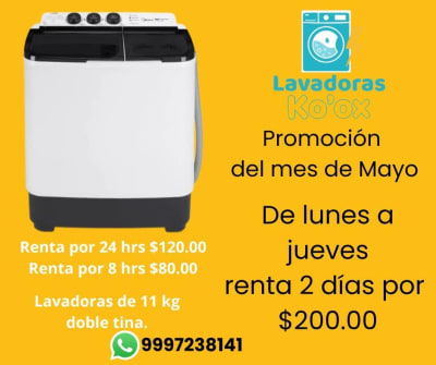 Renta de Lavadoras Ko'ox Doble Tina 11 kg, 8 y 24 hrs — Chenku