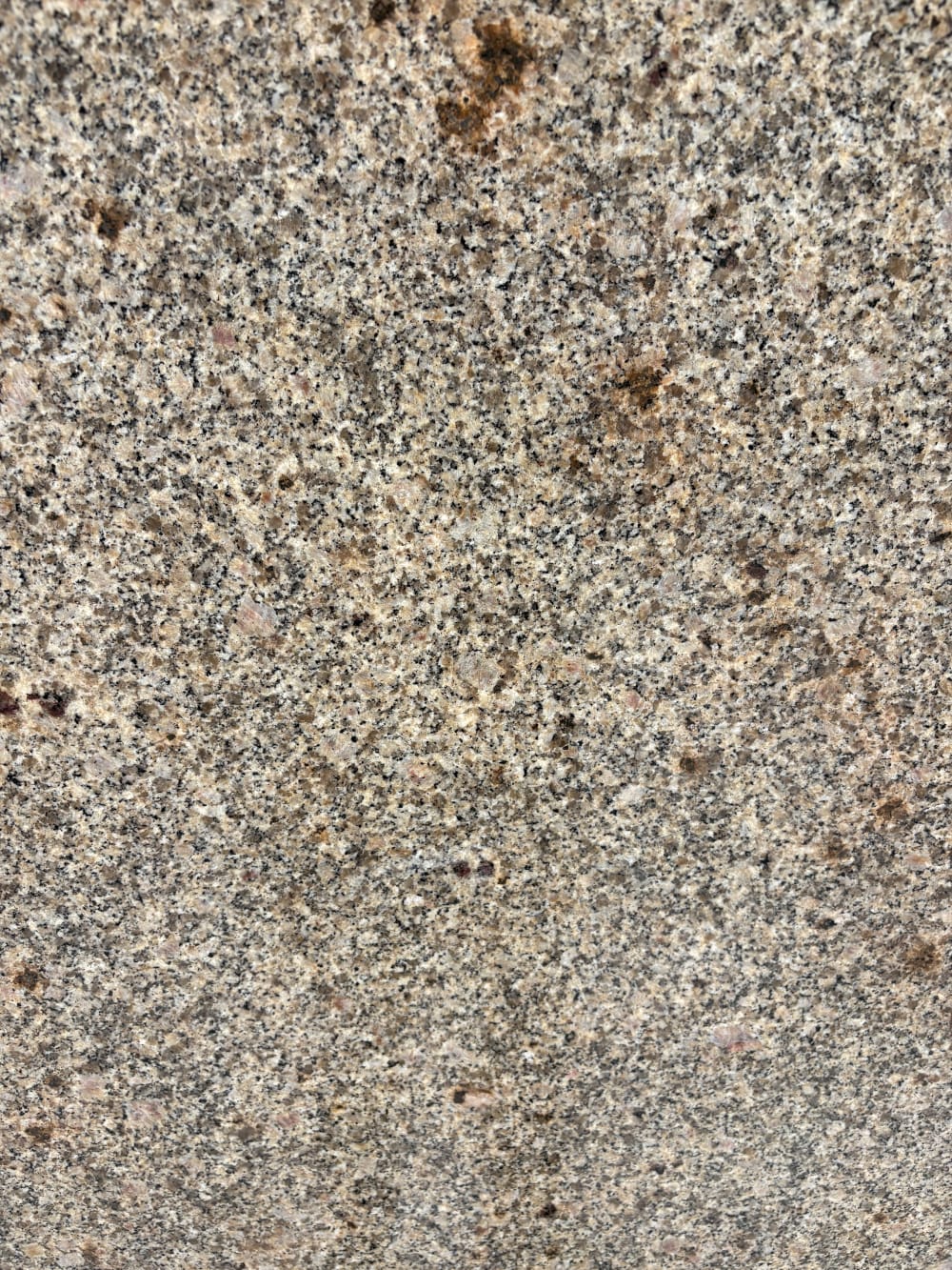 Amarillo Cathedral granite block 2952 detail, warm gold and charcoal grain with rust-brown flecks under a polished finish
