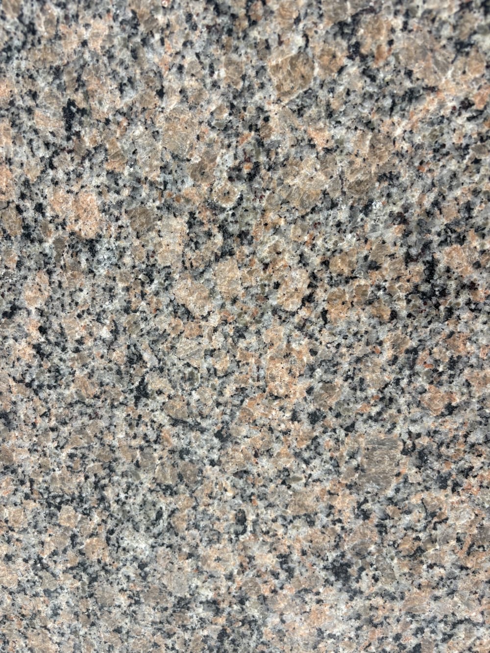Giallo Latina granite block 758 detail, pink feldspar and black mica crystals in a fine even grain