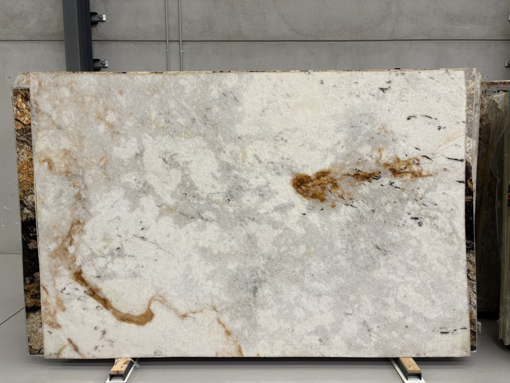 Ice Cristallo quartzite full slab, polished translucent white with amber and rust movement