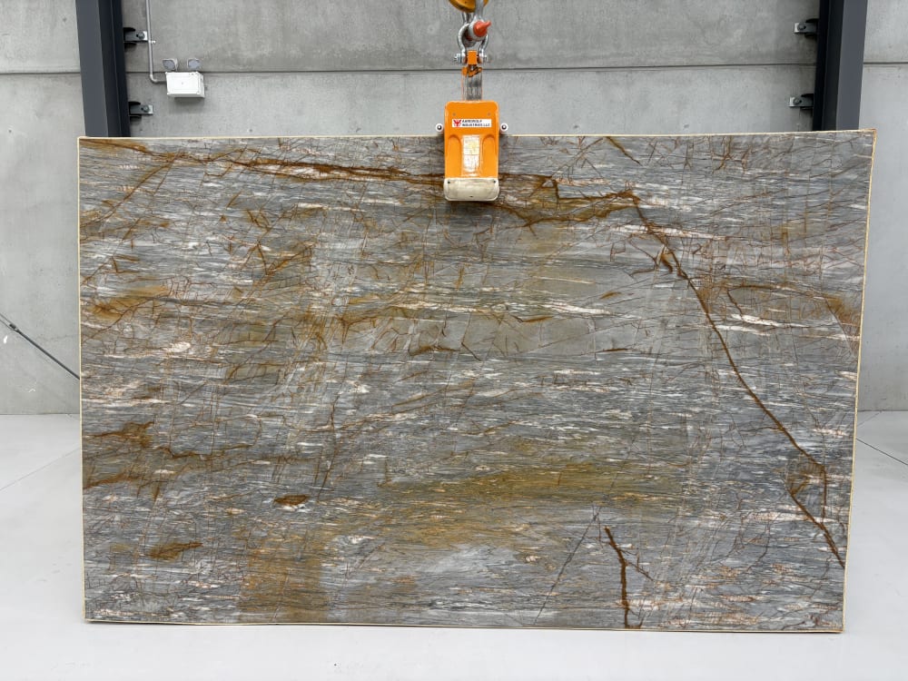 Leondro quartzite full slab, leathered silver-grey with copper veining
