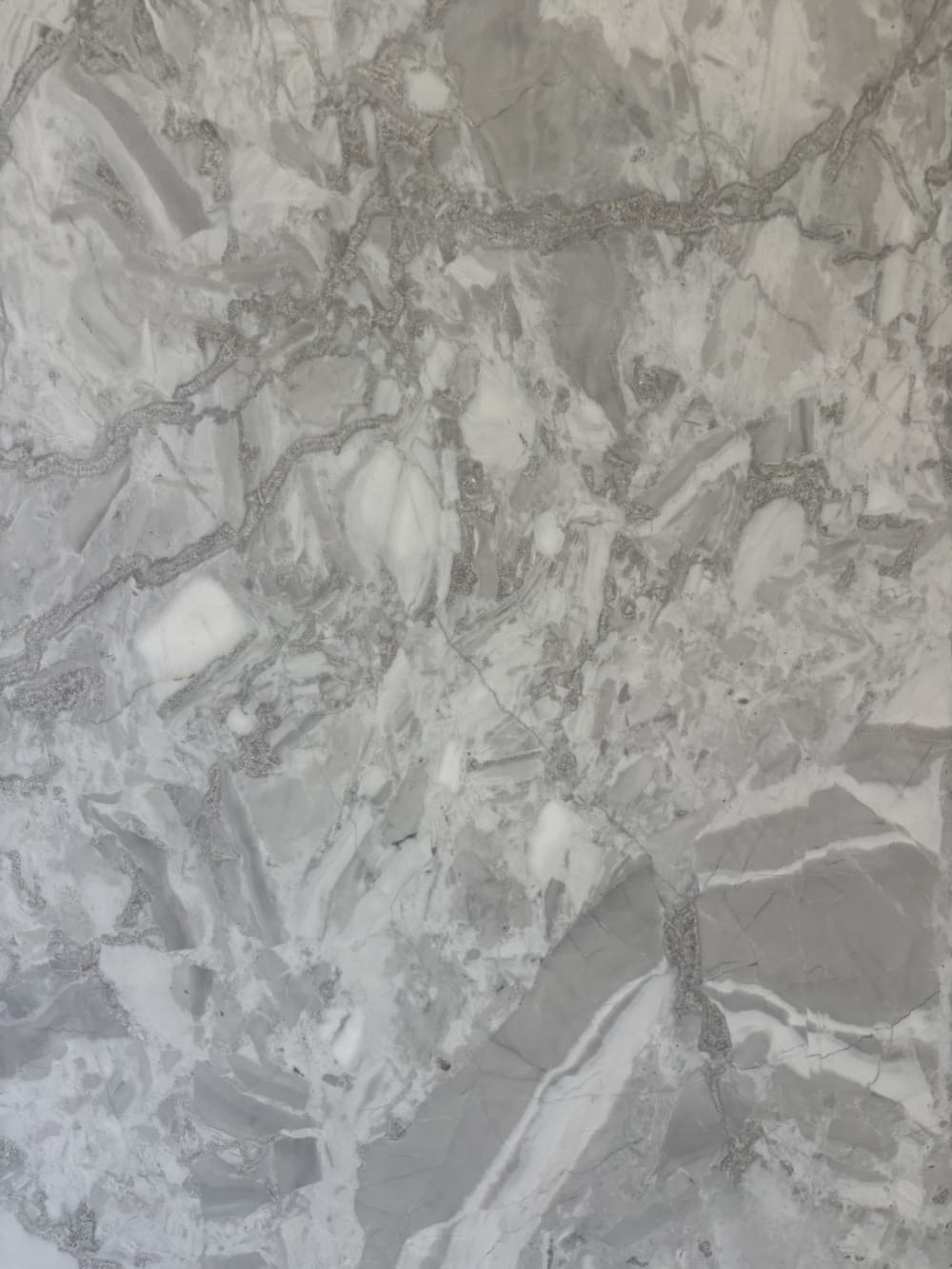Alba Pietra dolomite detail, pale grey-white ground with charcoal veining and bright white crystalline fragments