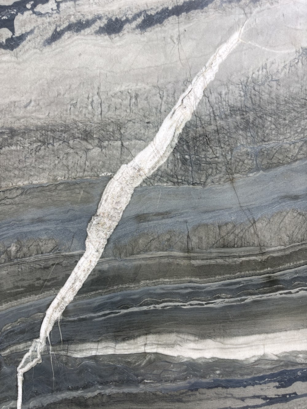 Galapagos quartzite detail, bold white vein cutting diagonally through dark grey striated stone