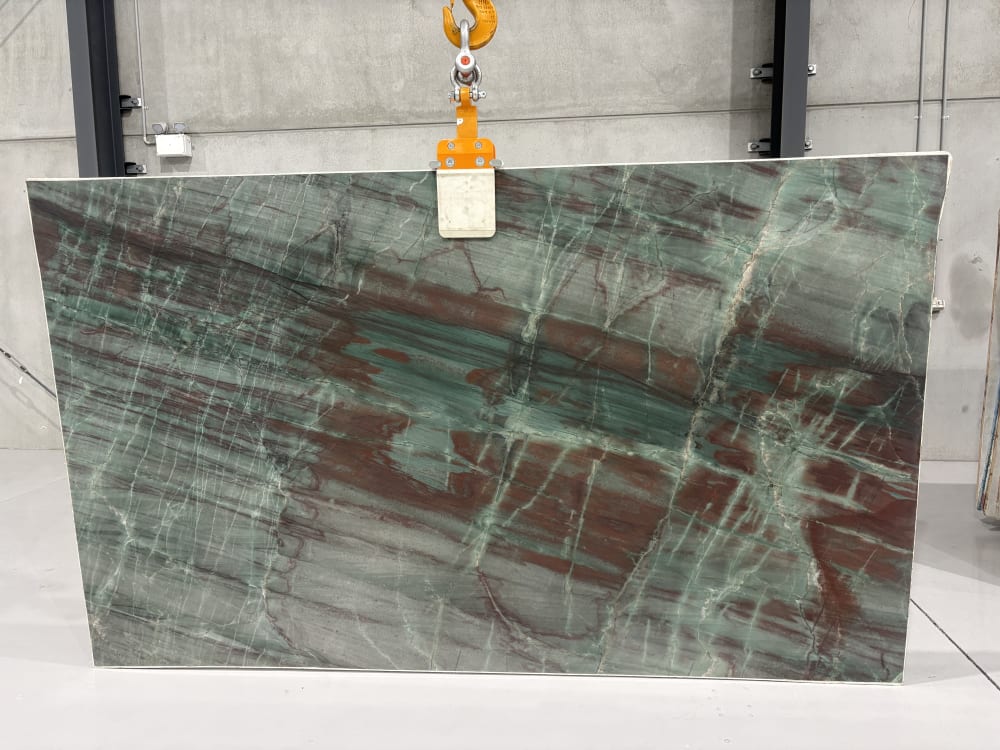 Green Valley quartzite full slab, honed deep green with rich burgundy-red veining