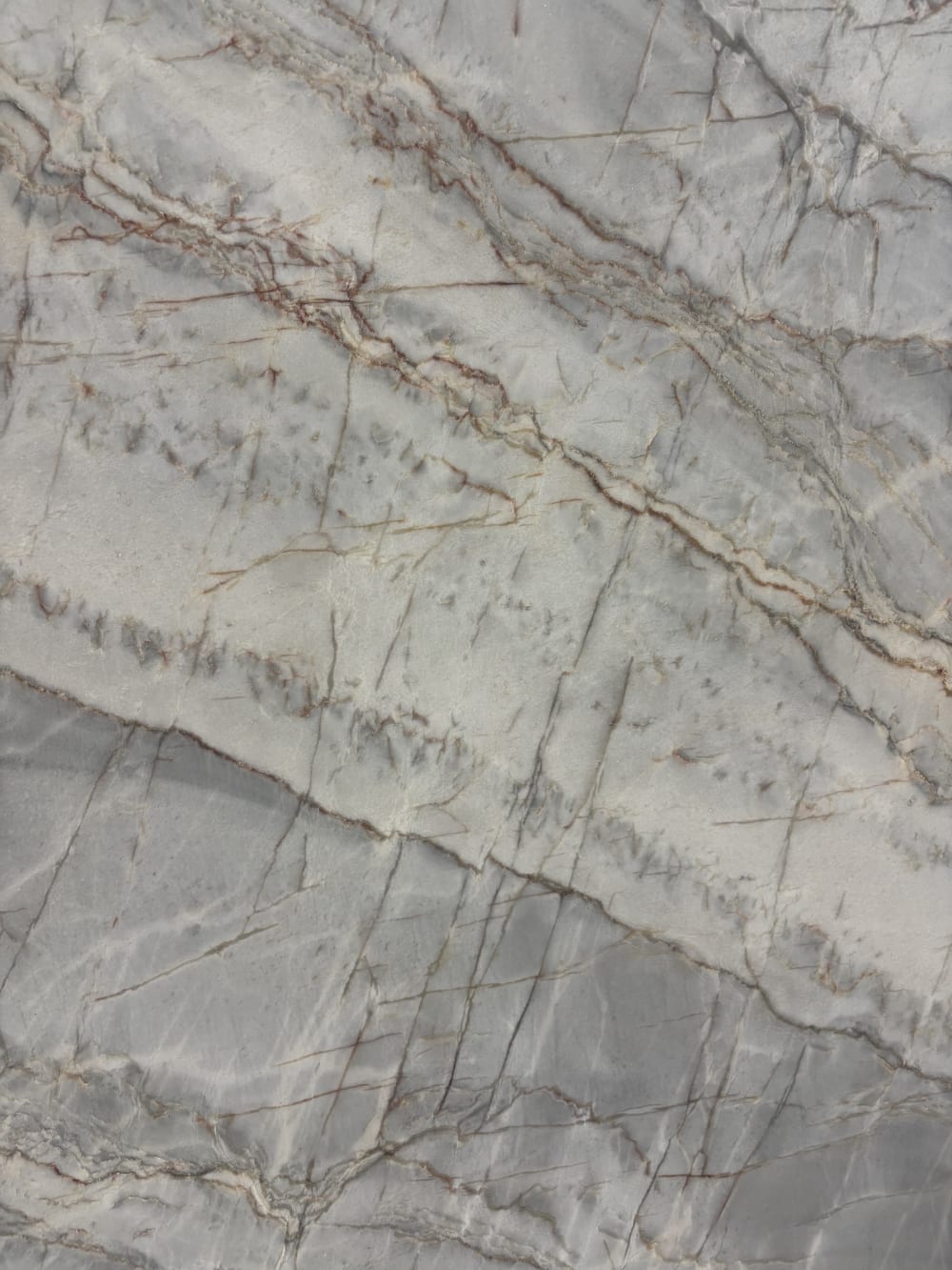 Essenza Aqua quartzite detail, soft diagonal movement with scattered red veining under a honed finish