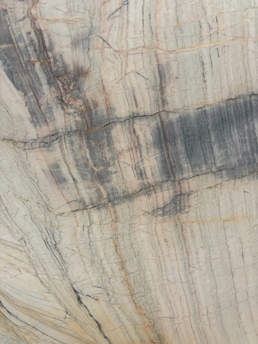Paradise quartzite detail, charcoal veining crossing warm gold striated movement