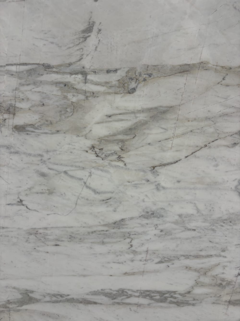 Matarazzo dolomite detail, fine grey veining drifting across a soft white surface
