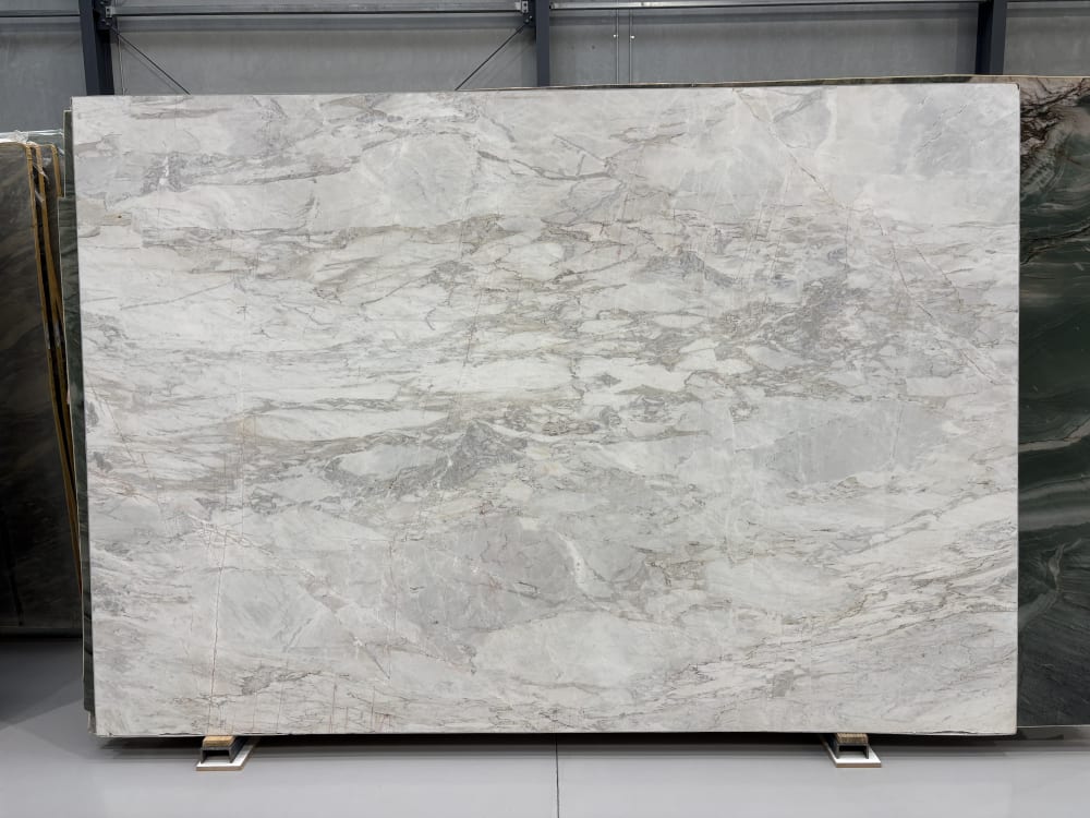 Matarazzo dolomite full slab, honed cool white with soft grey cloud veining