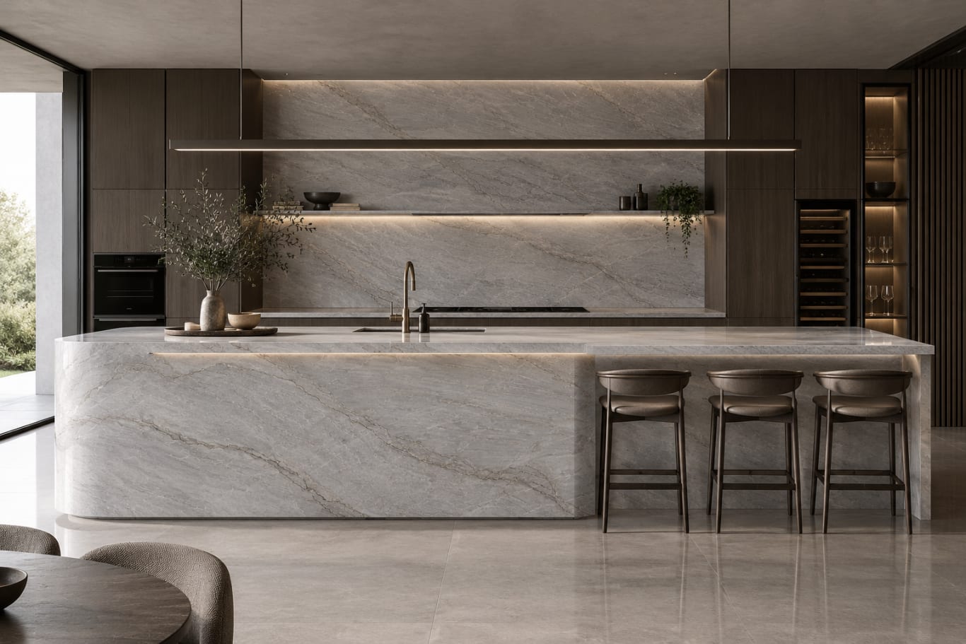 Artist impression of Azurra Bay quartzite as a kitchen island and splashback
