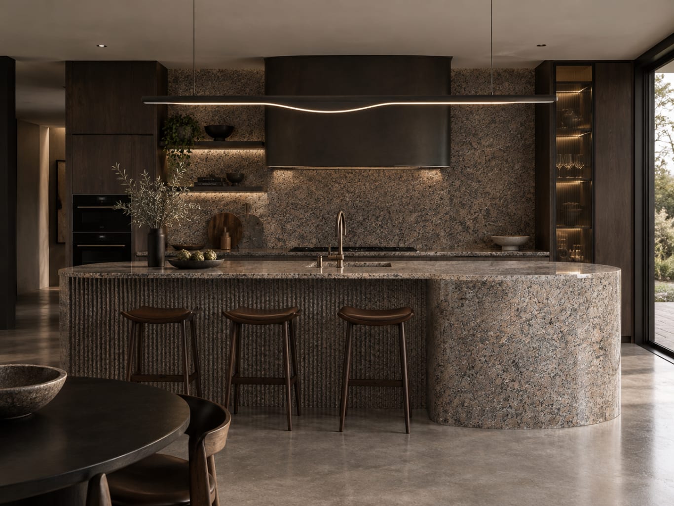 Artist impression of Giallo Latina granite as a fluted kitchen island and splashback