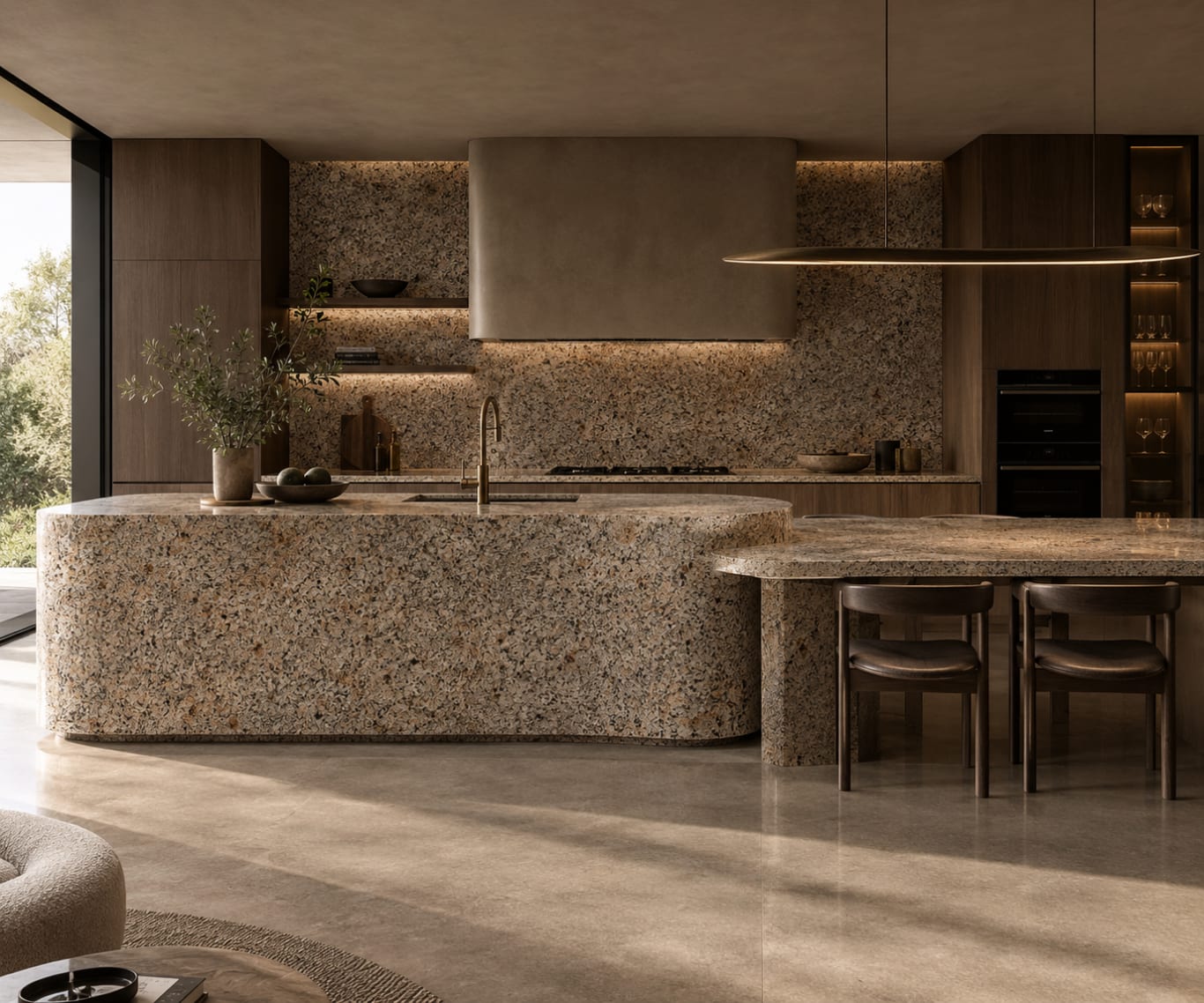 Artist impression of Amarillo Cathedral granite as a curved kitchen island and splashback
