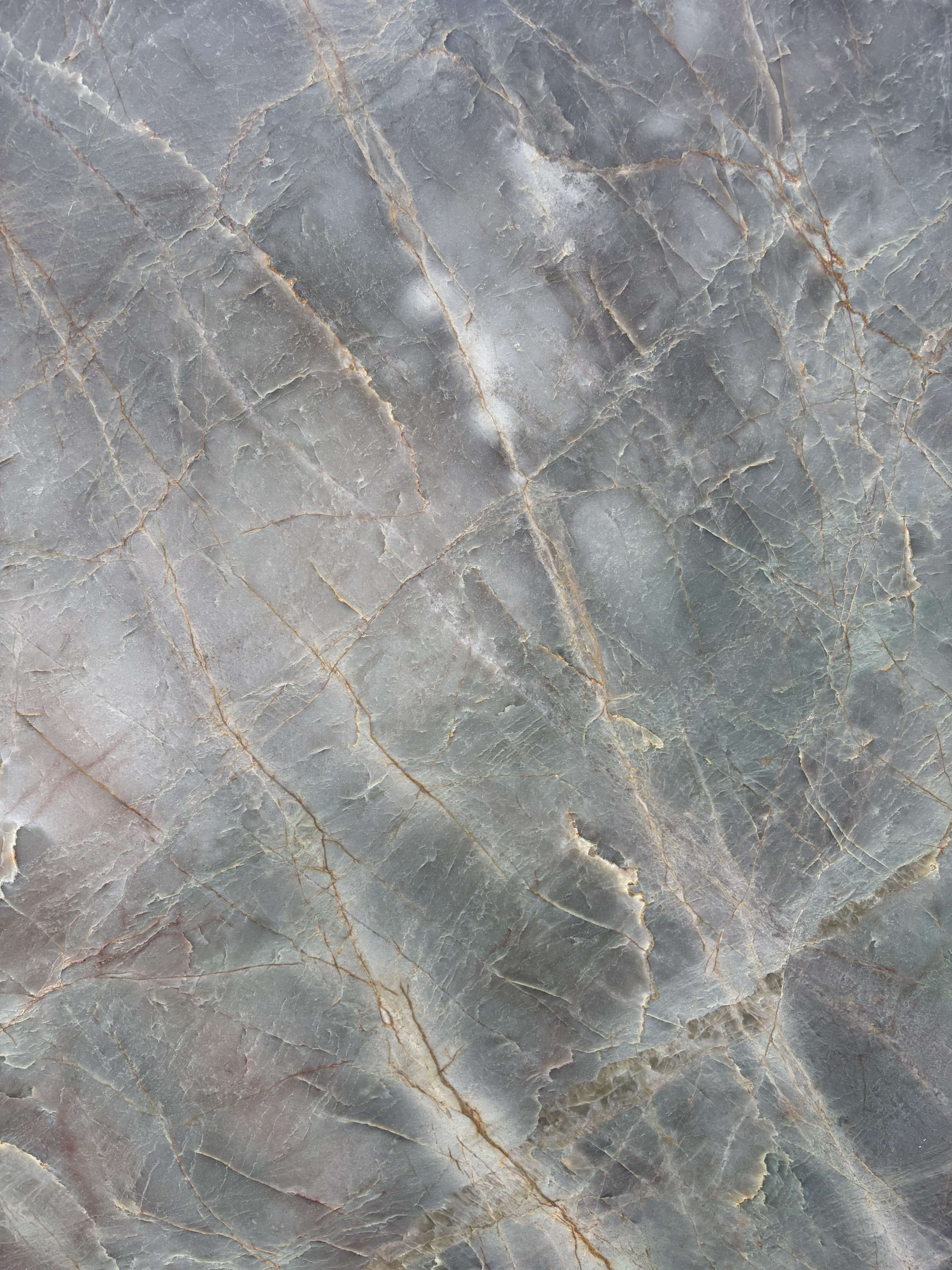 J'Adore quartzite detail, rust-gold and white veining across a sage-grey ground