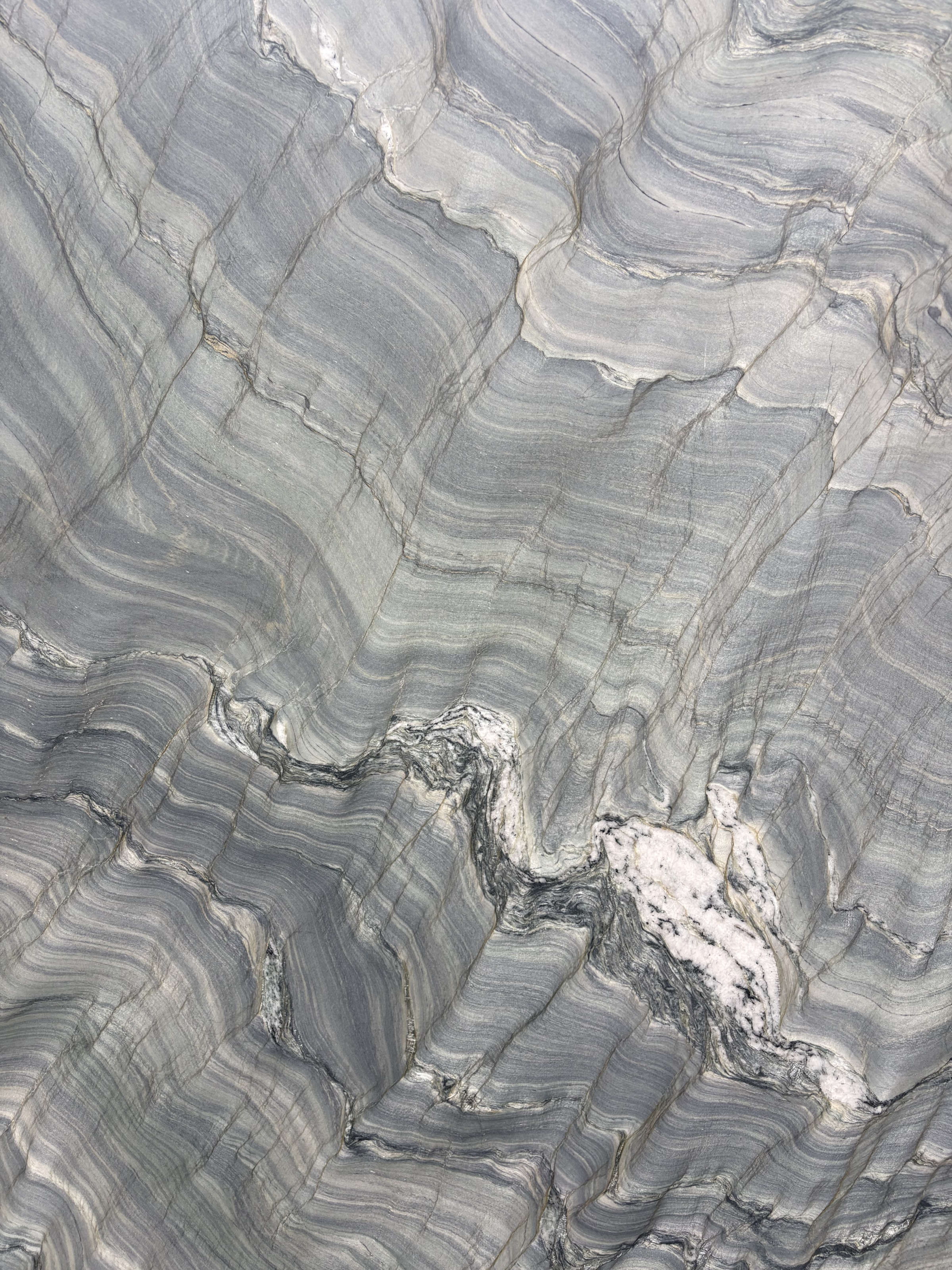 Mona Lisa quartzite slab, honed soft grey and warm white