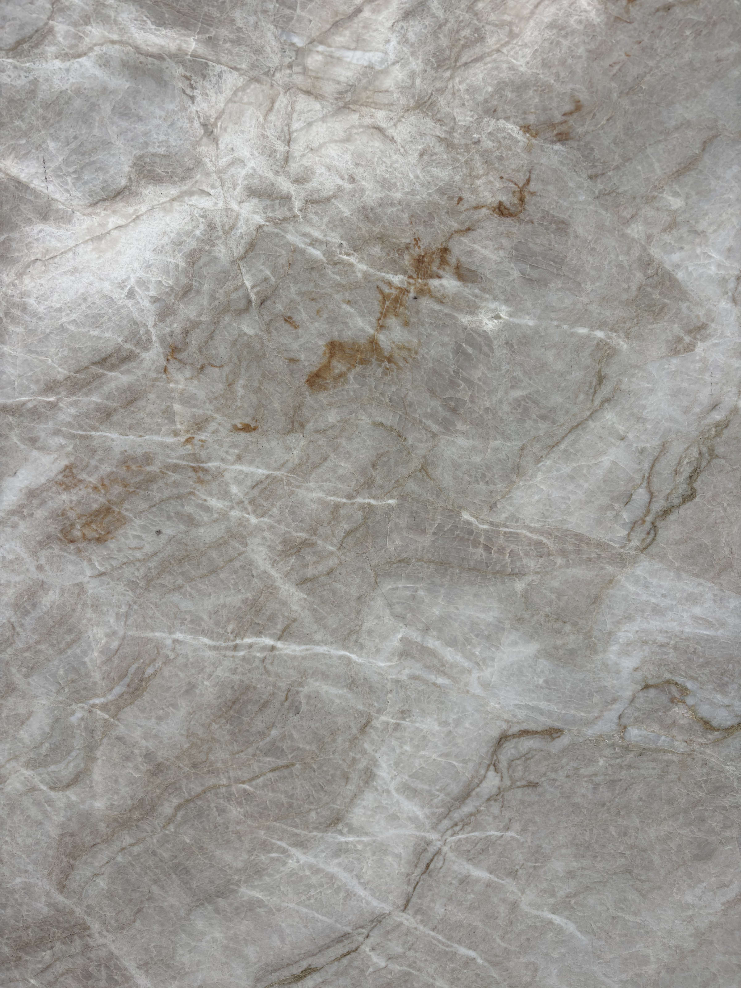 Taj Mahal quartzite block 23219 detail, warm grey ground with rust-brown veining breaking the surface