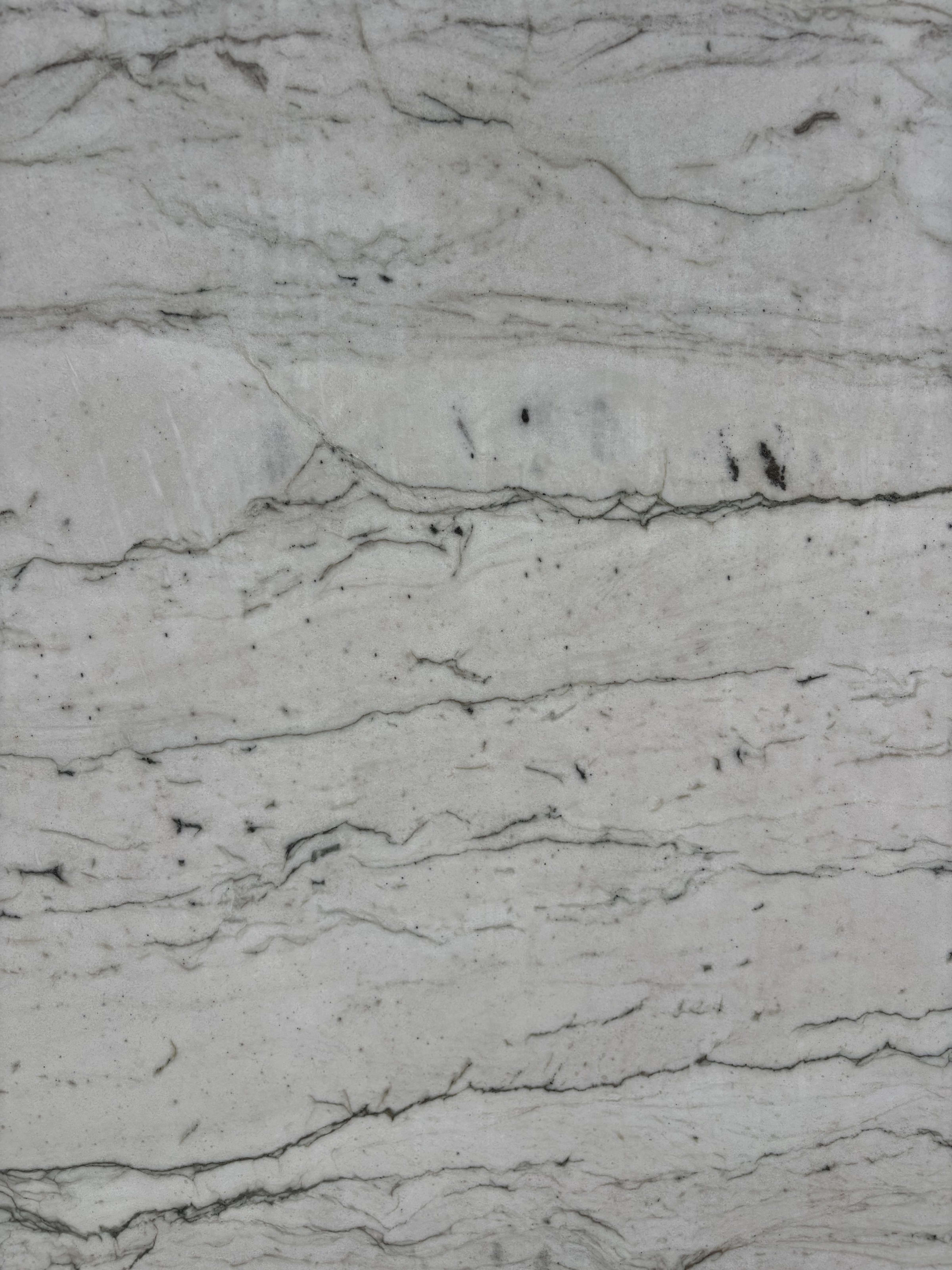 Opus quartzite detail, fine linear dark veining across an ivory-white ground