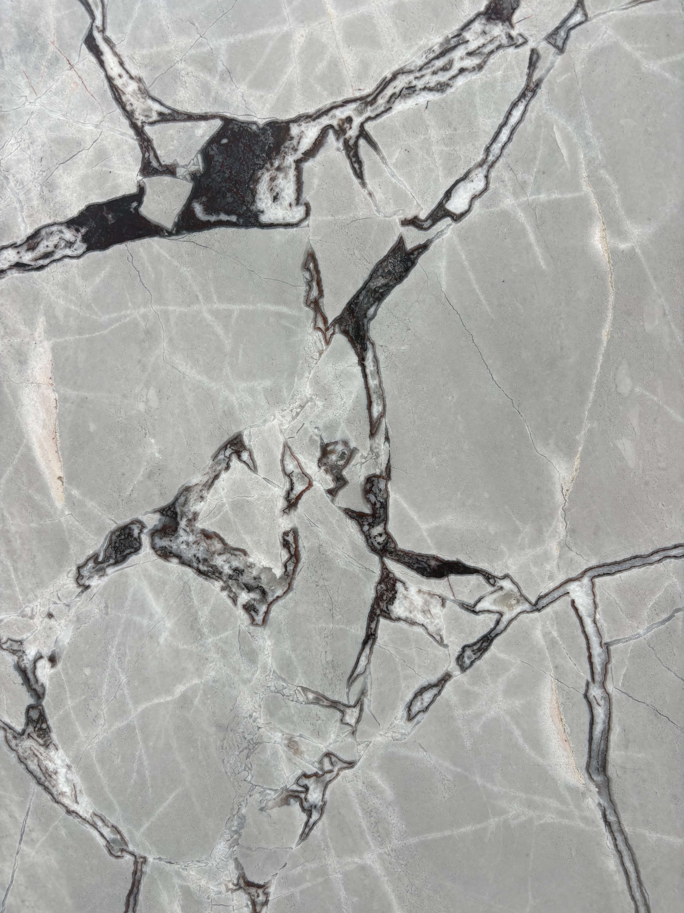 Violetta dolomite detail, cool grey ground with sharp black fracture veining and fine white crystalline