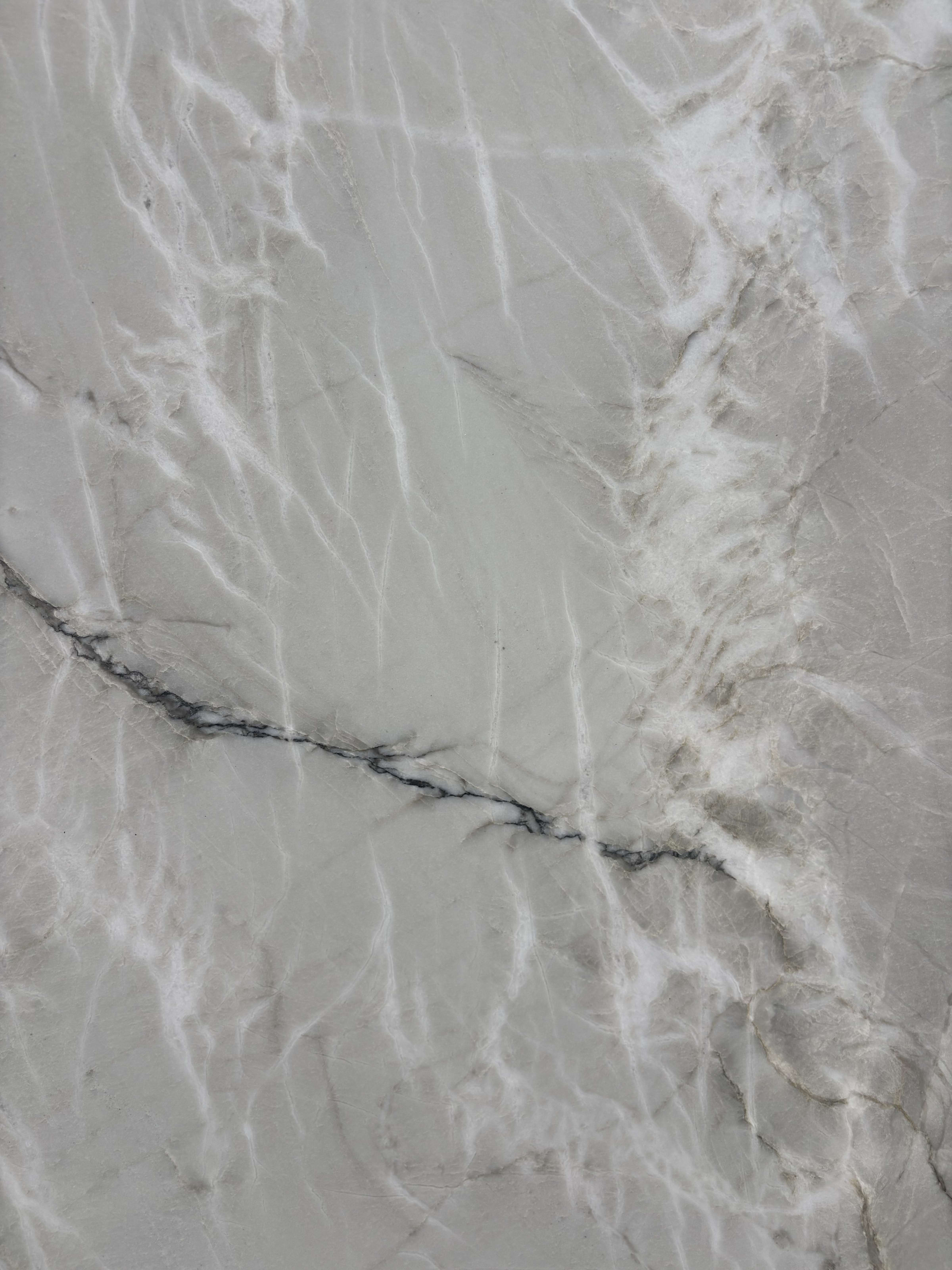 Bianco quartzite detail, soft white veining gathering across a warm grey ground with a fine dark seam