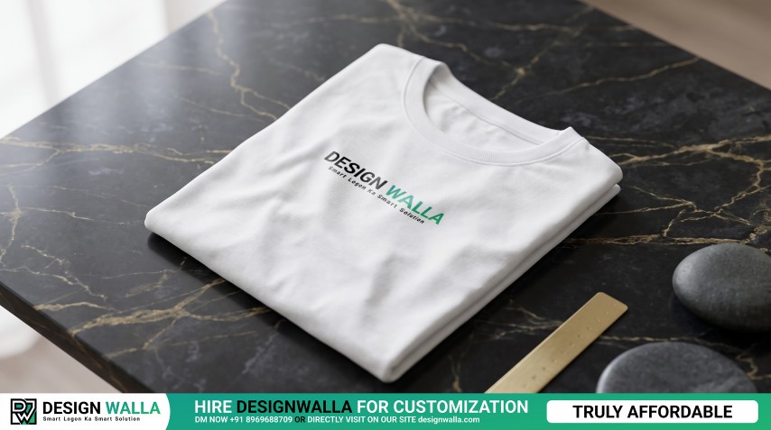 Premium Folded T-Shirt on Marble Surface Mockup – Top-Angle View